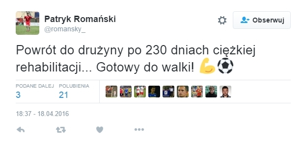 Romański wraca do treningów