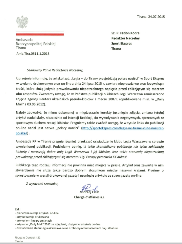 Ambasada w Tiranie również zareagowała na kłamliwe publikacje