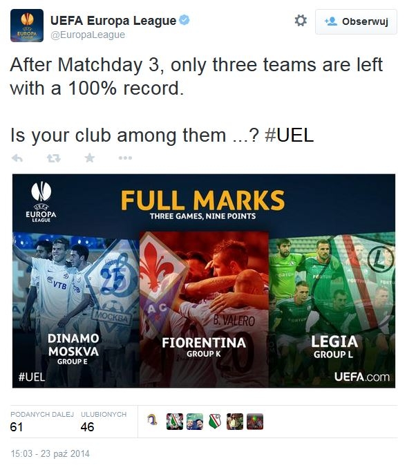Legia obecnie trzecim zespołem Ligi Europy