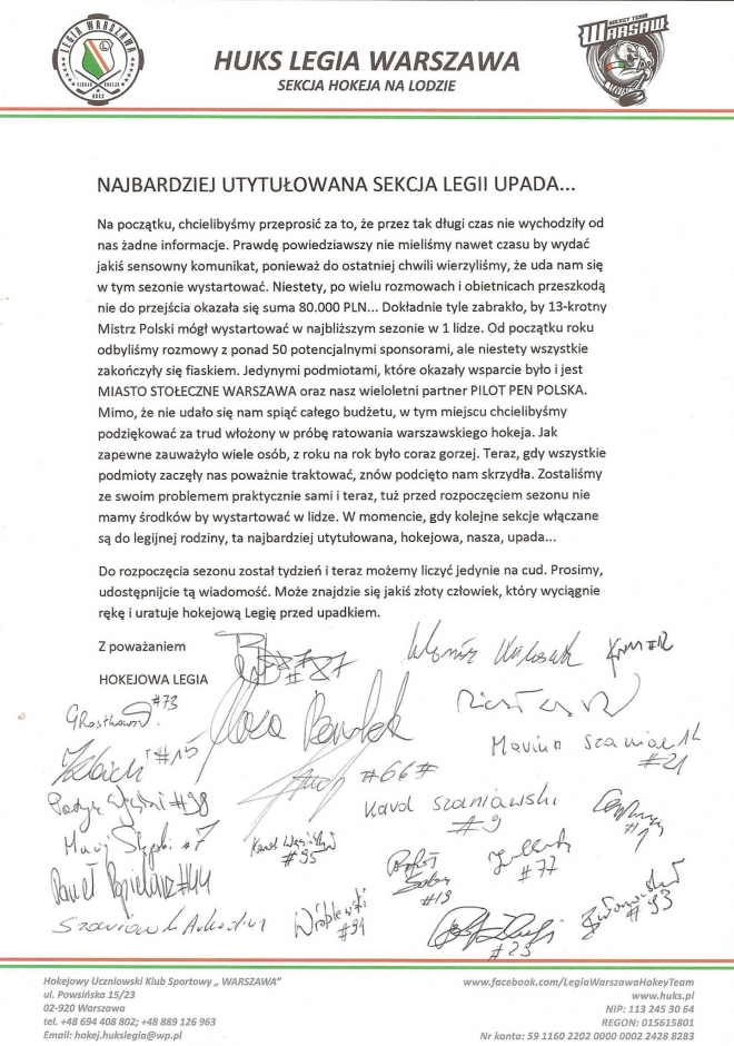 Hokej: Dramatyczna sytuacja, sekcja upada